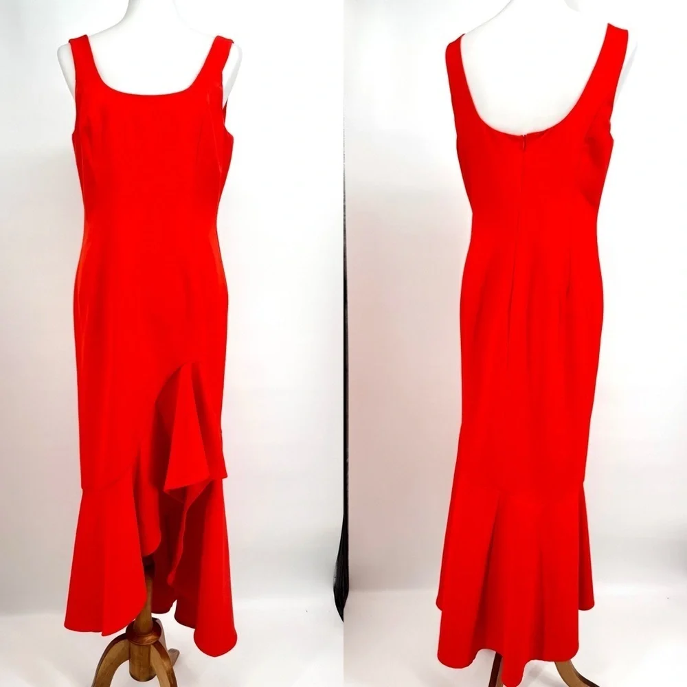 BARDOT REVOLVE Esther Frill High Low Flamenco Midi Dress in Paprika Red NWT